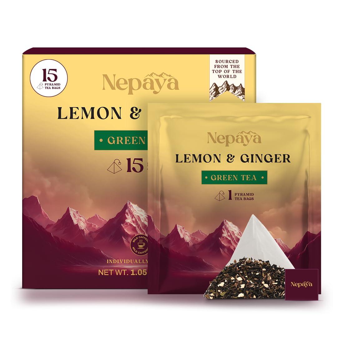 2 x Nepaya Lemon Ginger Green Tea Bags – 15 Individually Wrapped Biodegradable Pyramid Tea Bags, Low Caffeine, Fruity Citrus Flavor with Zesty Lemon & Spicy Ginger, Premium High-Grown Nepal Green Tea (EXP 05/31/27)