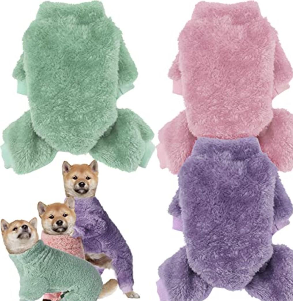 Reginary 3 Pieces Dog Pajamas Puppy Clothes Winter Coats Elastic Pajamas for Puppy Fluffy Jumpsuit Fleece Sweater for 4 Legs Dog Bodysuit(X-Small,Pink, Purple, Green)