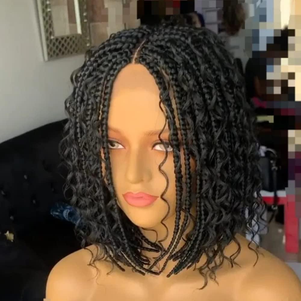 Knotless Boho Braids Wig for Black Women Heat Soft Synthetic Short Bob Box Braided Wig Half Curly Half Braided Wig African Crochet Braids Wigs (12 inches, New Middle Black)