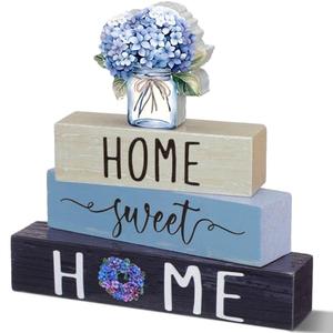 Cinnvoice 4 Pcs Farmhouse Wooden Tabletop Decor Blue Hydrangea Spring Rustic Tiered Tray Decor Home Sweet Home Table Centerpiece for Kitchen Decoration Gifts Fireplace Mantel Floating Shelf
