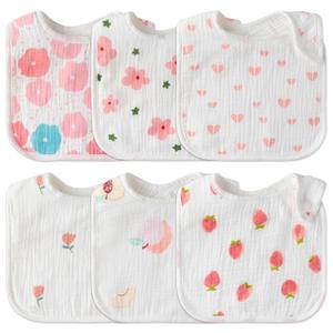 Zainpe 6Pcs Snap Muslin Cotton Baby Bibs Flowers Strawberry Patterns Infants Drooling Bib Soft Absorbent Adjustable Feeding Burp Cloths for Newborns Boy Girl Toddlers Teething Eating 0 to 36 Months (White & Pink)