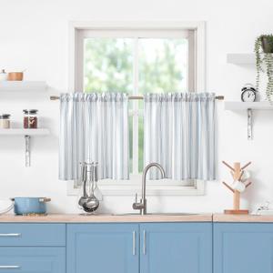 ZJDECOR Farmhouse Cotton Blended Tiers Cafe Curtains 24 Inches Long,Blue Vertical Stripe on White Rustic Light Filtering Small Window Curtain for Bathroom RV,Rod Pocket,27"Wx24L(Pack of 2),Blue/White