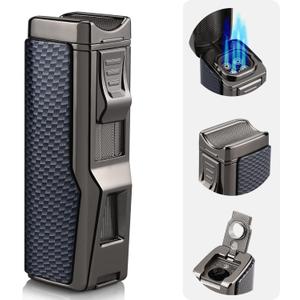 4 Jet Flame Torch Cigar Lighter - Refillable Butane, Windproof With Punch & Holder - Gift for Men Women (Blue Black, Without Gas)
