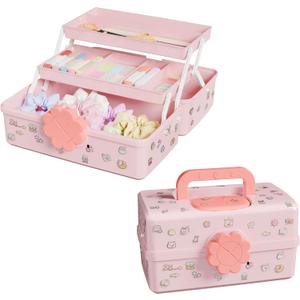 Covetree Hair Accessories Organizer with Handle Sewing OrganizerLockable Three-Layer Multipurpose Art Supplies Storage Box and Storage Plastic Jewelry Box (Pink)