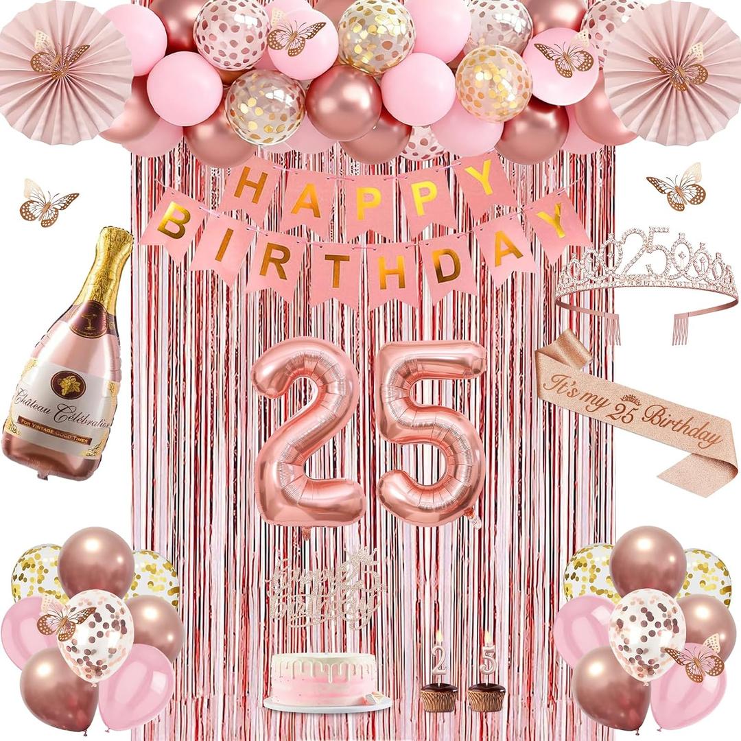 25th Birthday Decorations for Women, Rose Gold 25th Birthday Decorations for Her, 25 Sash and Crown, Banner, Fringe Curtains, Hanging Paper Fans, 25 Year Old Party Supplies Set