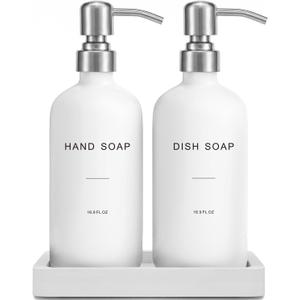 Prus Waso White Soap Dispenser for Kitchen Sink, Dish and Hand Soap Dispenser with Silver Stainless Steel Pump, Perfect for Kitchen Decor and Accessories. (Silver & White)