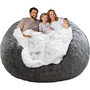 (No Filler) Bean Bag Chair Cover Without Filler,Big Round Soft Fluffy PV Velvet Washable Bean Bag Lazy Sofa Bed Cover for Adults,Living Room Bedroom Furniture Outside,6ft Dark Grey