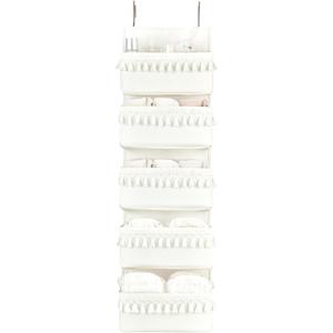 Dahey Over The Door Organizer Boho Nursery Storage Decor Closet Hanging Organizer with Tassels Decoration for Bedroom Nursery Bathroom Apartments Dorm Pantry, 5 Pockets, White