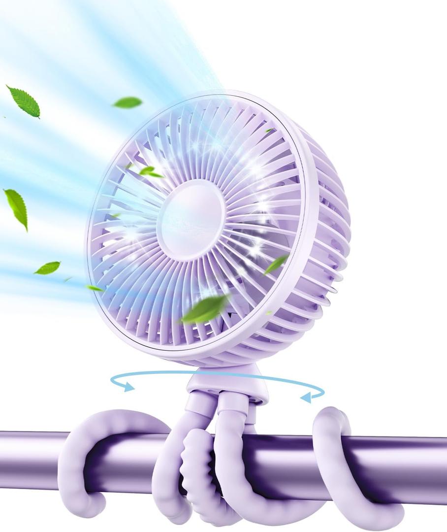 Gaiatop Oscillating Baby Stroller Fan, LED Night Light 4 Speeds Rechargeable 360° Rotate Clip On, Battery Operated Small Portable Cooling Fans for Car Seat Crib Treadmill Travel (Purple)