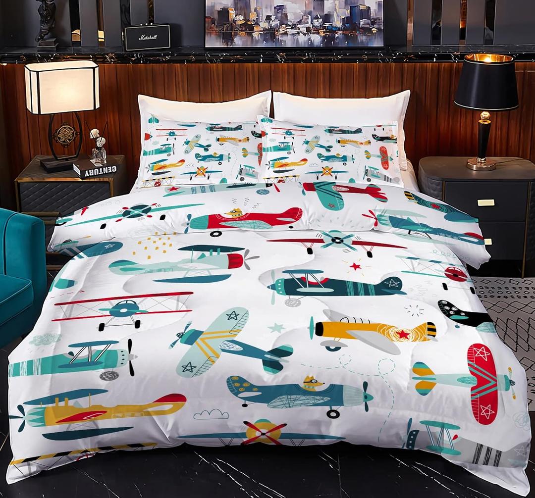 Yasida Kids Airplane Comforter Set Queen Size Colorful Cartoon Propeller Plane Bedding Set Kids Boys Bedding Sets Queen Teens Cartoon Airplanes Down Comforter Aviation Theme Duvet Bedroom Decor