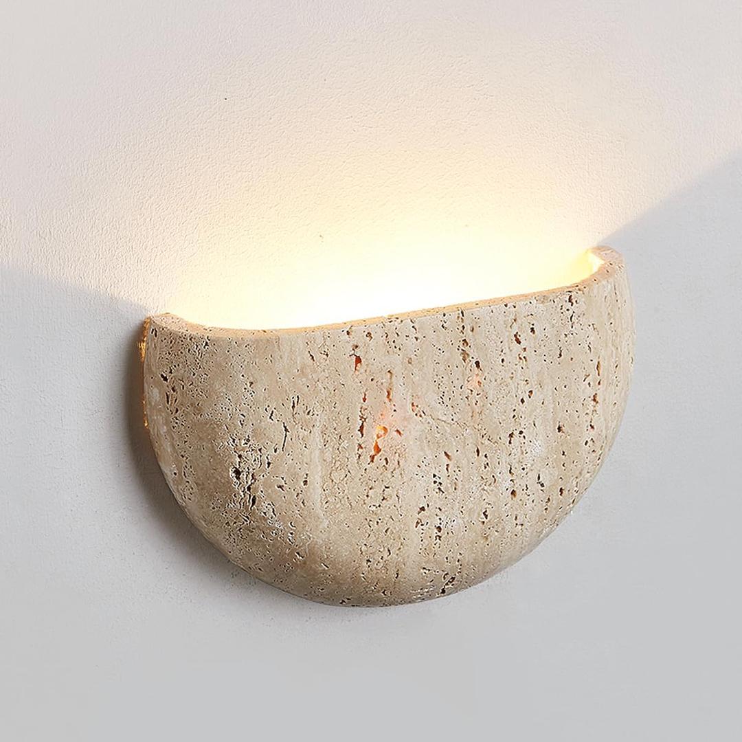 Semi Circle Yellow Travertine Wall Lamp Japanese Style Wabi-Sabi Art Lighting Fixture Half Moon Marble Wall Sconce Natural Stone Bedside Wall Light For Foyer Bedroom Stairs