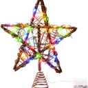 Christmas Star Tree Toppers Rattan Natural Xmas Tree Topper Lighted with 10 Inch 50led Warm White Lights, Rustic Star Treetop for Christmas Ornament Indoor Party Decoration