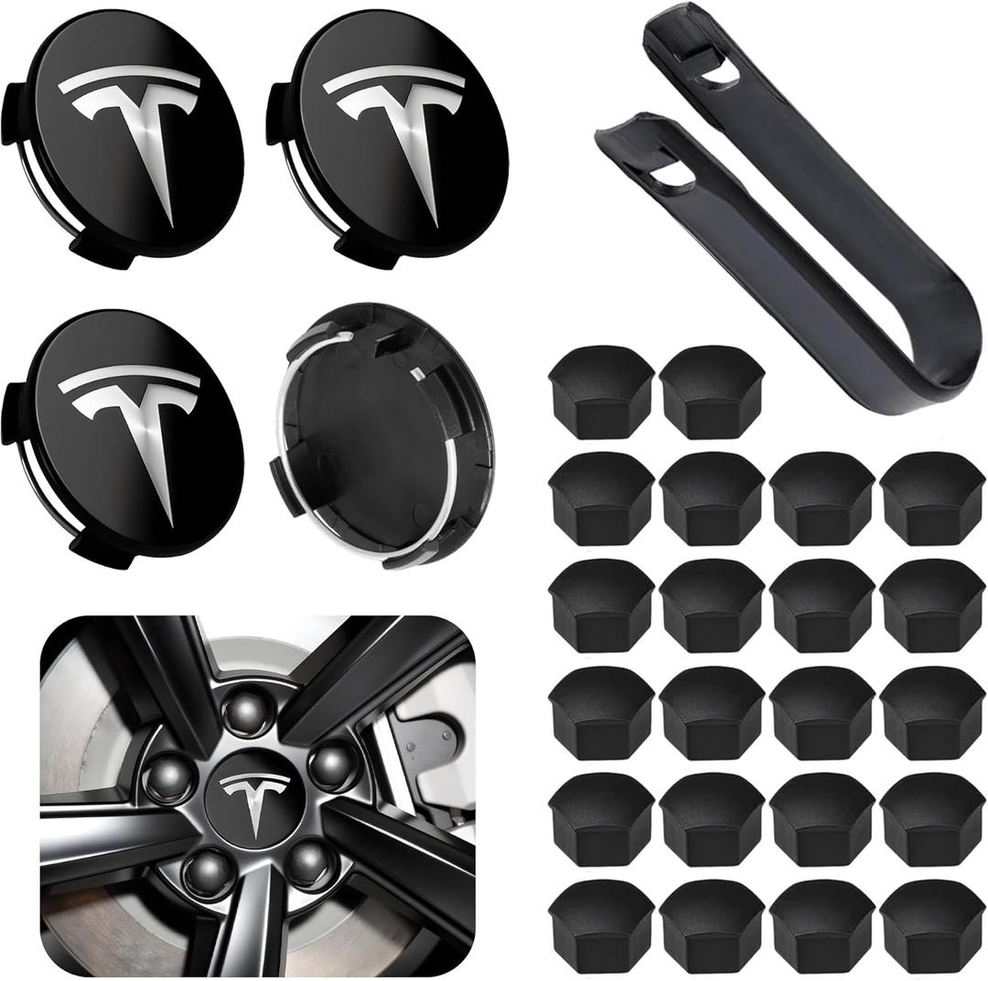 4 Pack Car Wheel Center Hub Cap Kit with 22 Lug Nut Covers, 2.2 in (56mm) Wheel Rim Covers Center Hubcaps with Emblem for Model 3 / Model Y, Black & Silver Exterior Decoration for Tesla