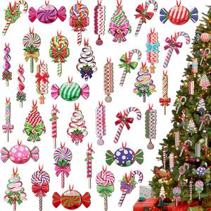 36 Pcs Christmas Tree Ornaments Set Christmas Candies Round Lollipop Gingerbread House Flat Train Donut Cake Wood Peppermint Wood Ornaments for Xmas Tree Party Supplies (Cute)