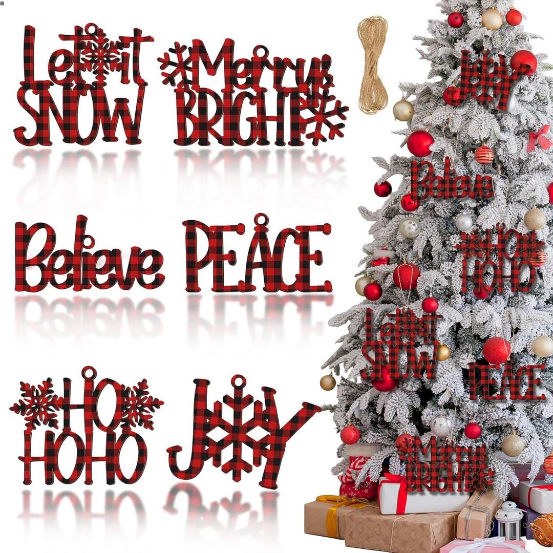 Yalikop 6 Pieces Christmas Wall Decor Xmas Hanging Believe Sign Winter Wooden Words for Crafts Word Art Decorative Joy Peace Cutouts Tree Decorations Party Supplies (Black Red)