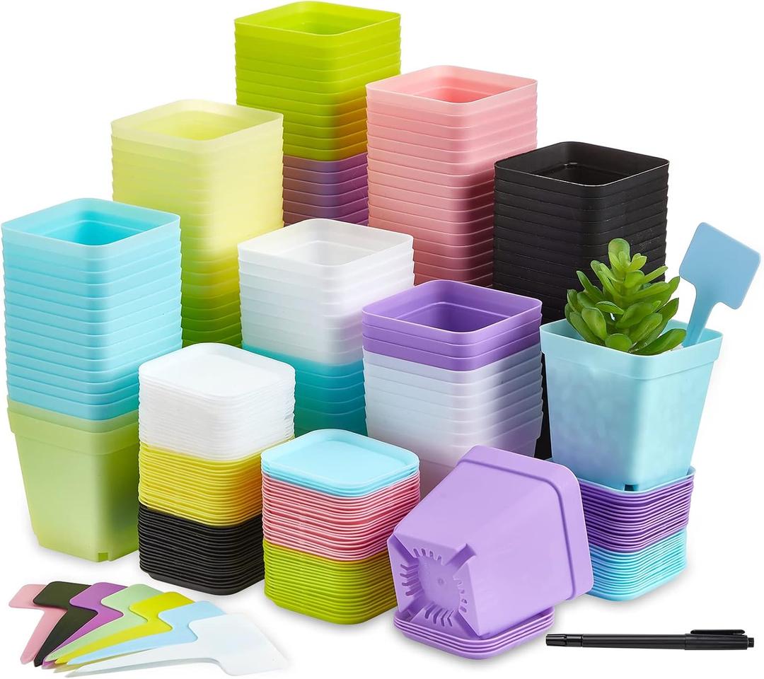 Zubebe 140 Pcs 3 Inch Plastic Plant Pots Square Seedling Nursery Pots Reusable Small Plant Pots with Saucers 140 Pcs Waterproof Plant Labels T Type Plant Tags Marking Pen for Garden Balcony Office