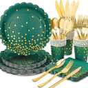 175Pcs Green and Gold Party Decoration - Green Plates and Napkins Party Supplies - Scalloped Paper Plates for Birthday Graduation Decorations, Serve 25 Guests