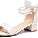 Coutgo Girls Dress Shoes Chunky Low Heels Sandals Bow Pearl Ankle Strap Flower Girl Wedding Party Shoes, White, size 3