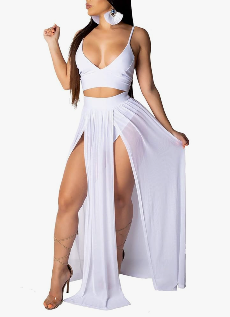 Women Sexy 2 Piece Outfits Dress Chiffon Strap Deep V Neck Bra Crop Top High Split Maxi Dresses Skirt Set, Medium