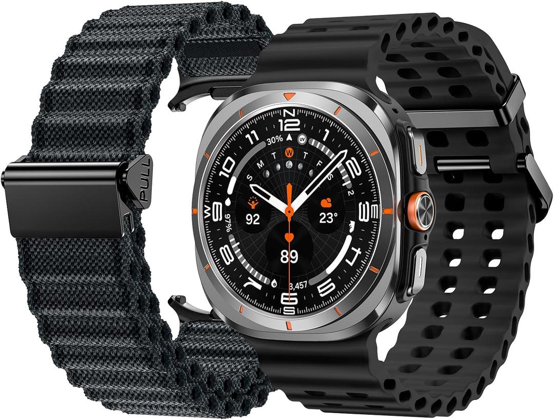 2 x Goton [1+1] Compatible with Samsung Galaxy Watch Ultra Bands 47mm, Galaxy Watch 7/8 Ultra Band Nylon Sports Loop Lightweight + Galaxy Watch Ultra 47mm Bands Silicone Rubber Waterproof Strap (Dark Gray+Black)