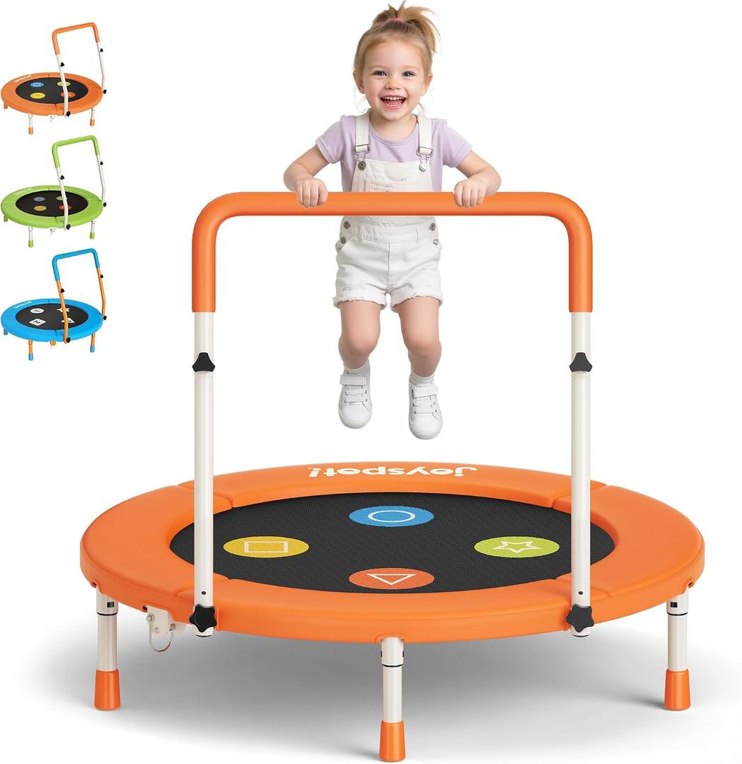 3FT Toddler Trampoline with Adjustable Handlebar, 36" Foldable & Spring-Free, Mini Kids Indoor Outdoor Trampoline for Ages 1-6, Noiseless Jumping Mat, Safe & Sturdy Design, Supports Up to 100 lbs