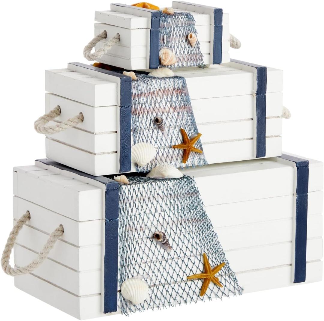 Juvale Nautical Wooden Jewelry Box Set - Navy Blue & White Jewelry Storage & Nautical Decor Boxes with Lids - Coastal Decor Table Centerpiece