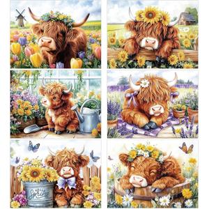 Harloon 6 Pack Christmas Highland Cow Diamond Art Set for Adults Beginners Cow Gift 5d DIY Diamond Painting Art Set Flower with Round Gem for Home Wall Decor(Floral)