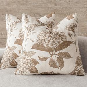 Foindtower Set of 2 Linen Floral Vintage Throw Pillow Covers Neutral Accent Decorative Cushion Covers Farmhouse Boho Home Decor for Sofa Chair Couch Bedroom Living Room,1818 Inch,Light Brown