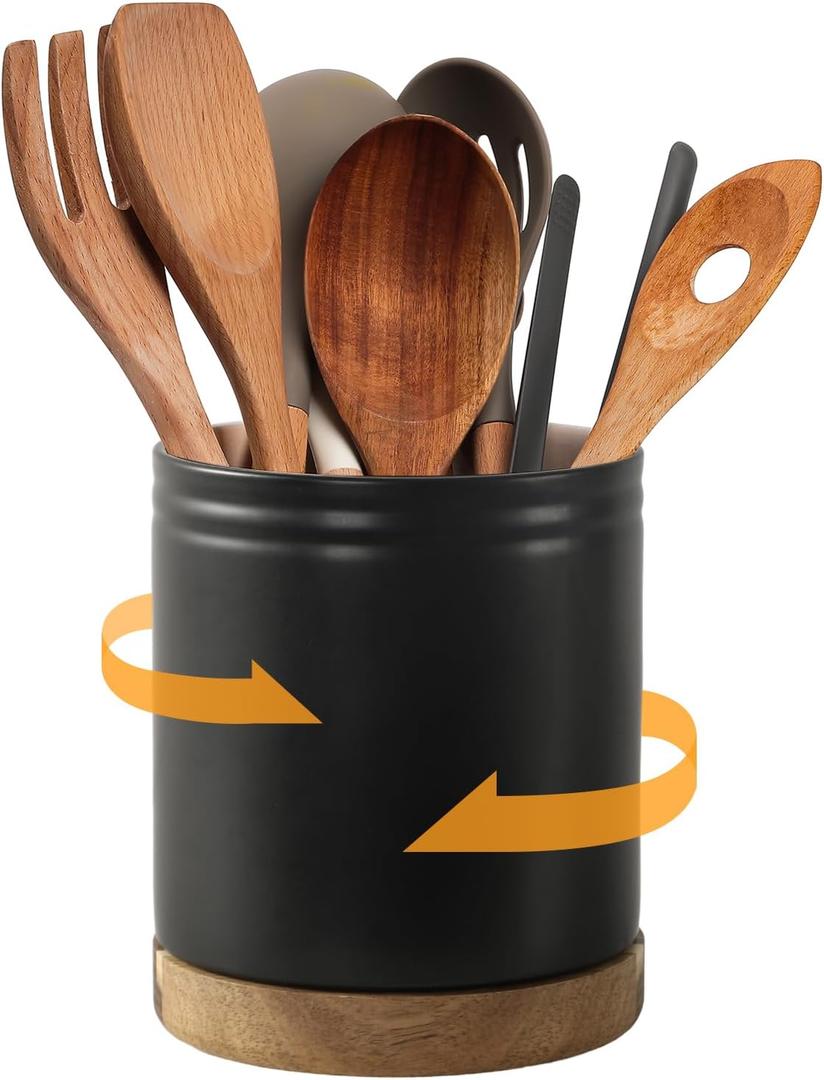 DOWAN 7.6" 360 Rotating Utensil Holder, Kitchen Utensil Holder for Countertop, Ceramic Utensil Crock, Large Cooking Utensil Caddy for Kitchen Counter, Protection Cork Bottom, Black