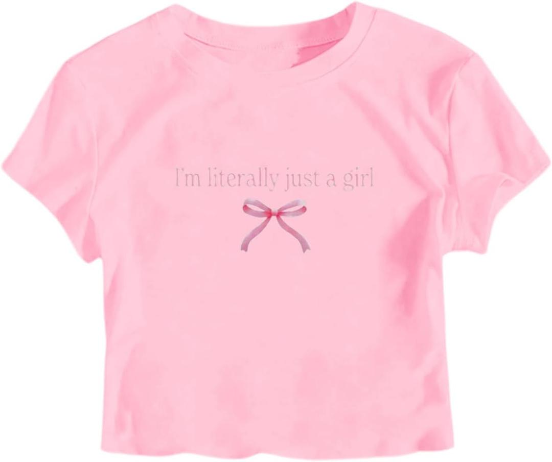 RoseSeek Girl's Letter Bow Graphic Tees Short Sleeve Crewneck Cute Shirts for Teen Girls Trendy (Pink)