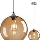 Light Brown Glass Pendant Lights Kitchen Island Globe Pendant Light Fixtures Modern Pendant Lighting for Bedroom Living Dining Room Light Fixture (9.84 in, 1 Pack)