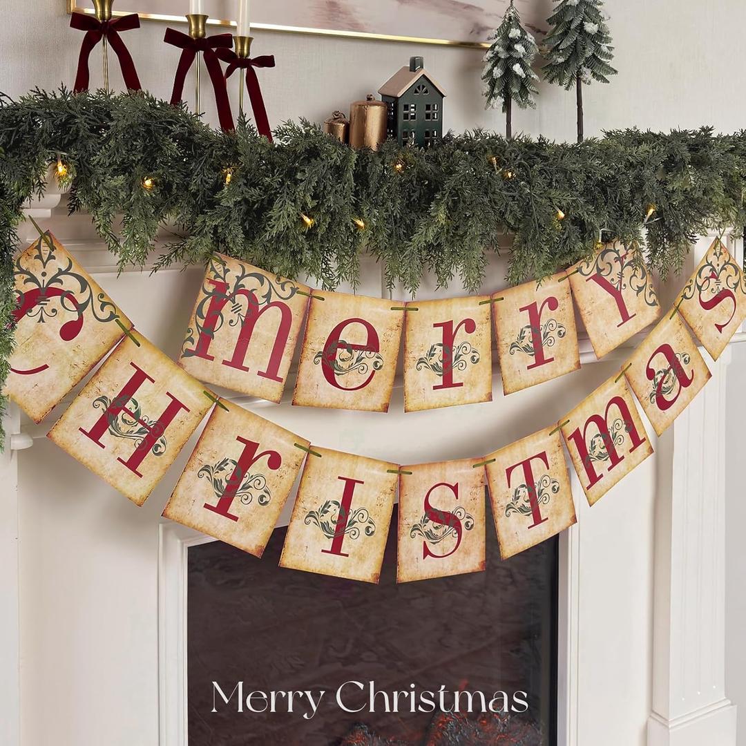 Christmas Decorations - Vintage Merry Christmas Banner - Retro Nostalgic Traditional Old Fashioned Victorian Xmas Holiday Clearance Decor for Indoor Home Office Fireplace Mantle Farmhouse Christmas Decorations - Vintage Merry Christmas Banner - Retro Nostalgic Traditional Old Fashioned Victorian Xmas Holiday Clearance Decor for Indoor Home Office Fireplace Mantle Farmhouse