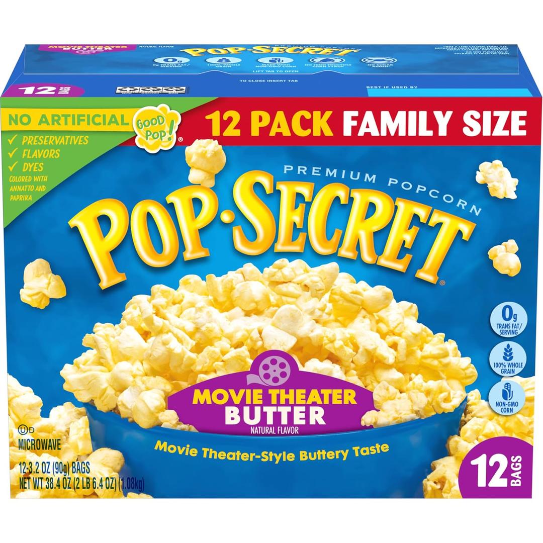 Pop Secret Microwave Popcorn, Movie Theater Butter, Flavor, 3.2 Oz Sharing Bags, 12 Ct (EXP 07/04/27)