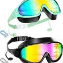Aegend New Kids 2 Pack Wide View Swim Goggles, Anti-Fog/UV No Leak Goggles with Ear Plugs Kids 3-14, Green Aqua & Bright Rose
