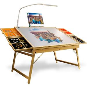 CLEAZY - Portable Wooden Puzzle Table with Foldable Legs and LED Lamp, 1500 Piece Capacity, 4 Drawers & Cover, 3 Adjustable Tilt Angles CLEAZY - Portable Wooden Puzzle Table with Foldable Legs and LED Lamp, 1500 Piece Capacity, 4 Drawers & Cover, 3 Adjustable Tilt Angles