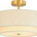16" Semi Flush Mount Ceiling Light, 3-Light Gold Drum Ceiling Light Fixture with 2-Tier Fabric Linen Shade, Farmhouse Chandelier for Dining Room, Living Room, Bedroom, Kitchen, Hallway, Entryway
