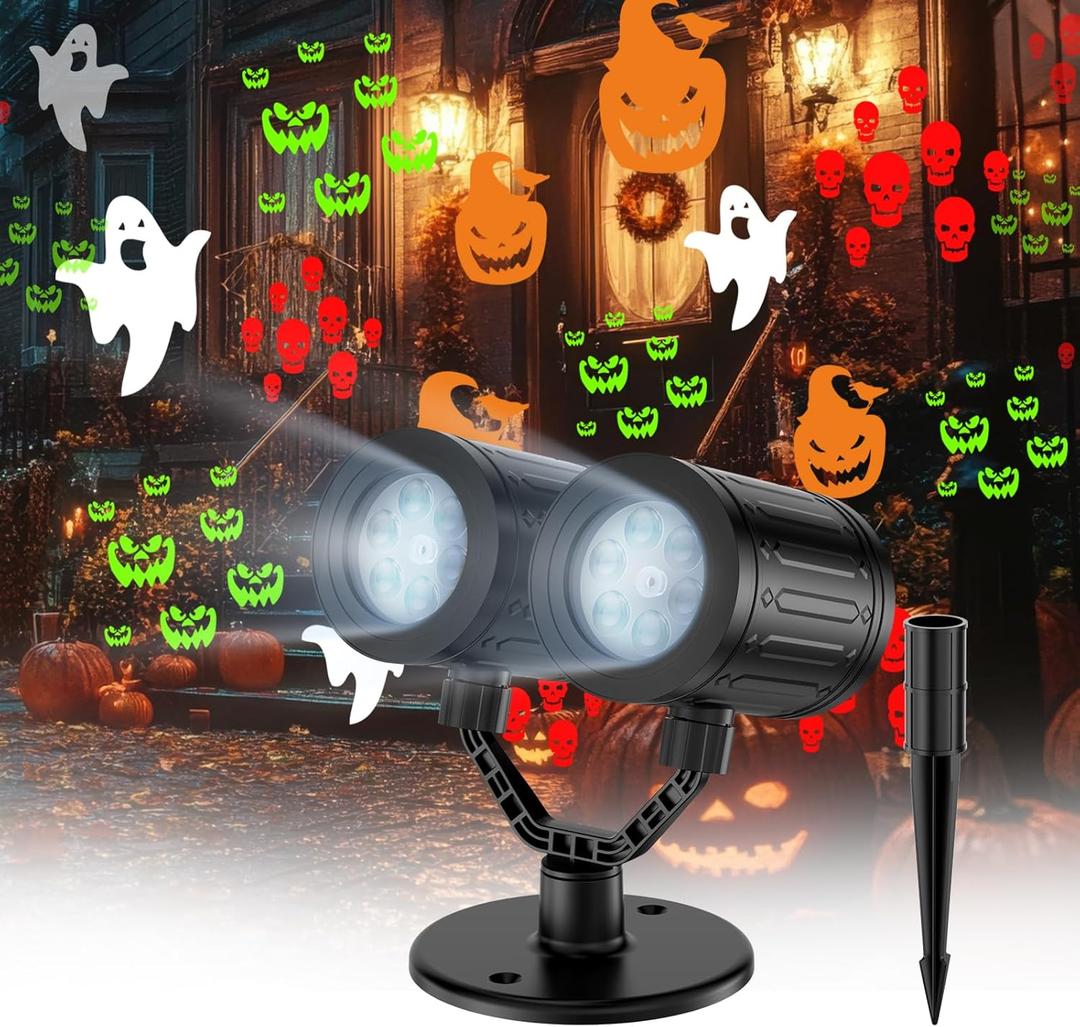 Double Head Halloween Projector Lights Outdoor with Timer,IP65 Waterproof Dynamic Halloween Ghost Skeleton Pumpkin Devil Face Lights for Home Window Wall Decor