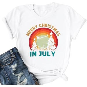 Merry Christmas in July Shirt Women Christmas Tree Graphic Tee Summer Xmas T-Shirt Funny Vacation Short Sleeve Tops, Medium