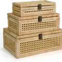 Boho Rattan Display Boxes with Rattan Lids, 3 Pcs Large Natural Handwoven Cane Basket, Home Decor Organizers Storage Bins, Natural Finish Display Boxes
