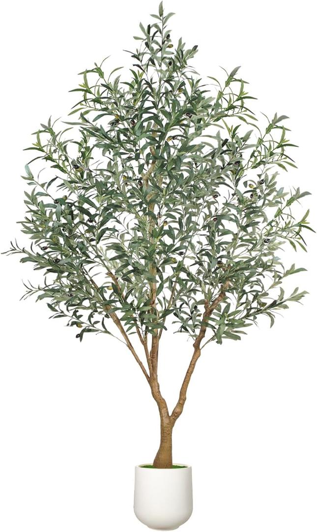 Olive Trees Artificial Indoor, 7FT Faux Olive Tree with White Tall Planter, Full Lush Artificial Plants with Large Olive Branches and Lifelike Fruits for Home Office Decor