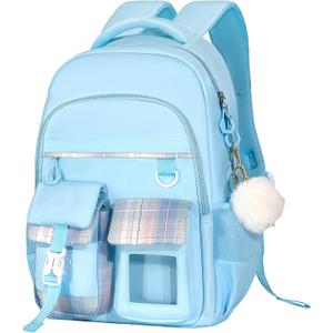 Kawaii Blue Kids Backpack for Girls, Fashion Multiple Pockets Bookbag for Primary Elementary High School for Teen Girls