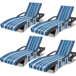 Lounge Chair Towel Cover, Chaise Lounge Cover (Pack of 4), Beach Chair Covers with 3 Pockets for Pool Sunbathing Beach Garden Courtyard Outdoor Trips, 85 x30 in,Striped Blue White