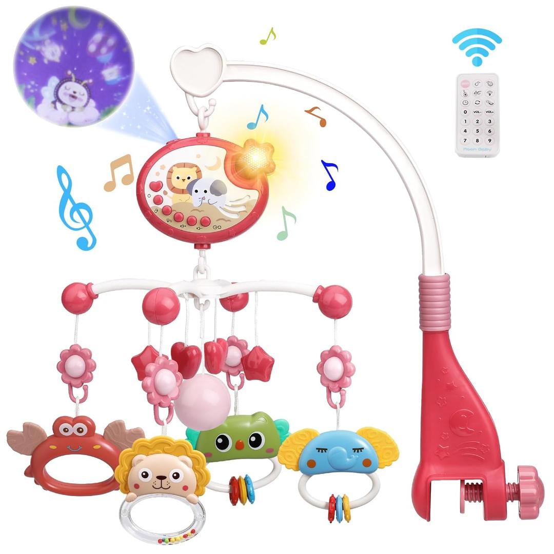 Mini Tudou Baby Crib Mobile with Music and Lights,360Rotation Remote Control Musical Mobile for Crib with 400 Lullabies,Projection Night Light and Chewable Rattle Toy,Crib Mobile for Girls and Boys (Red)