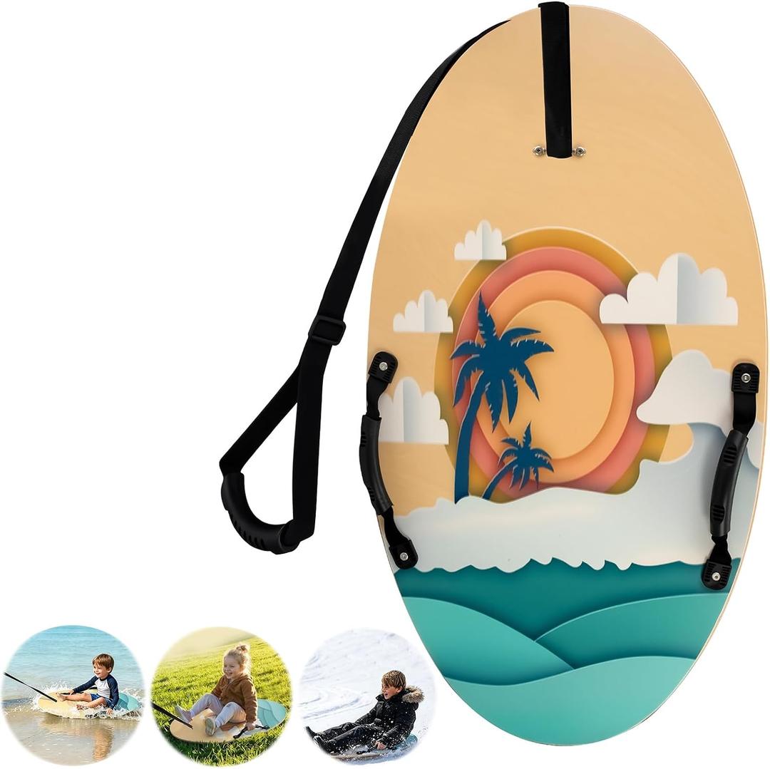 Skimboard with Handles Tow Rope, Wooden Skim Boards Beach Toy for Kids, Towable Kids Board for Shallow Water Beach and Lawn Use