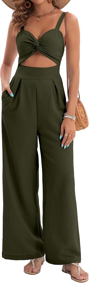 Womens Summer Jumpsuits Dressy Sexy V Neck Twist One Piece Outfits Sleeveless Casual Wide Leg Long Pant Rompers (Large, Army Green)