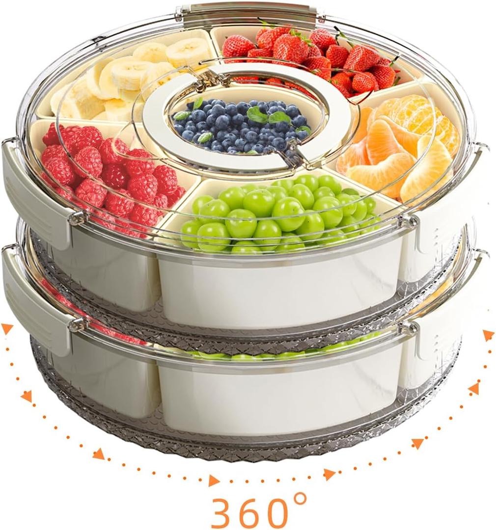 Divided Serving Tray with Lid and Handle, Stackable Snackle Box Container for Fruits Candy Organizer, Portable Spinning Rounded Veggie Tray for Kitchen, Party, Trave and Picnic-2 Pack