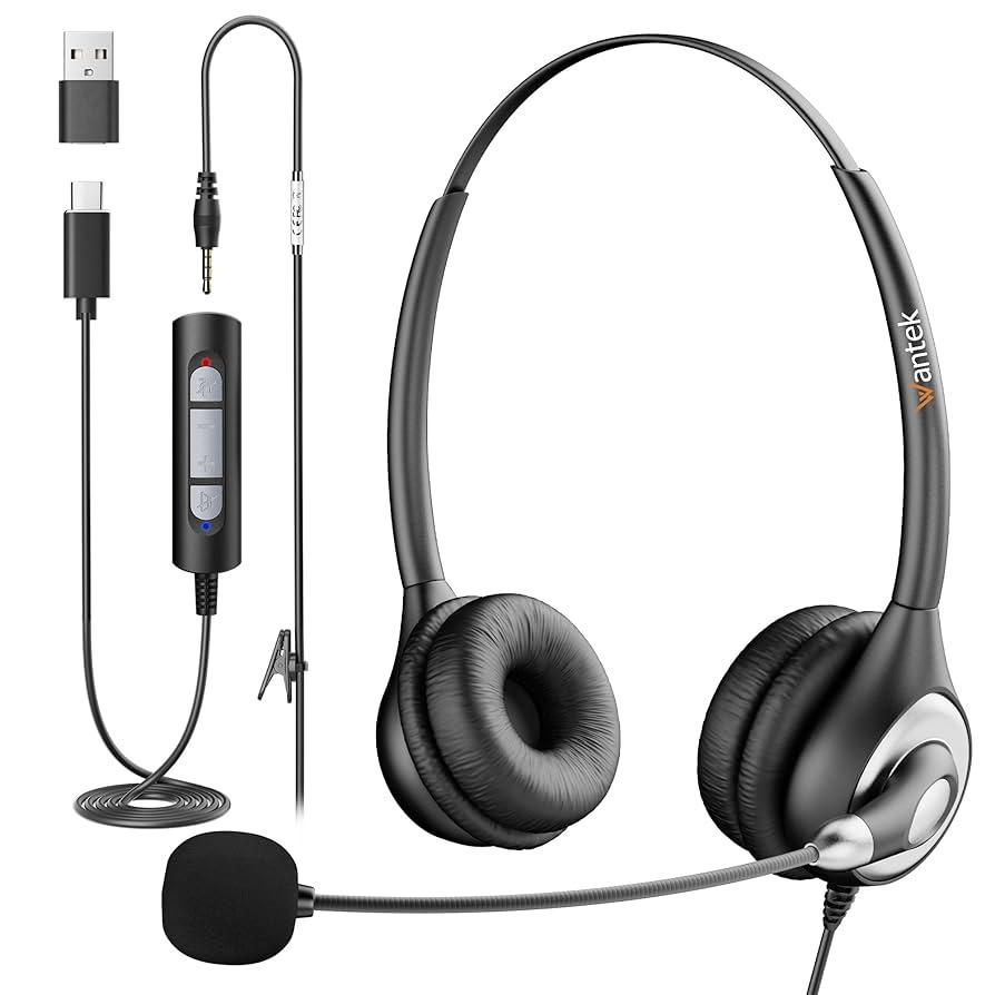 Wantek Headset with Microphone for PC, USB Wired Headphones - USB-C Over-Ear 3.5mm Headsets with Noise-Cancelling Microphone for Laptop - Computer Headphones with Mic in-line Control for Home