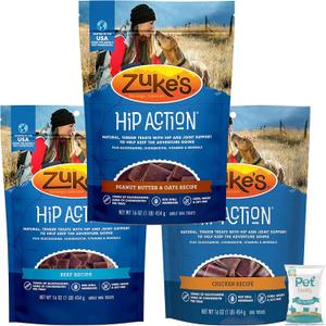 Pet Faves 3 Pack Zuke Hip Action Hip & Joint Support Treats for Dogs (1) Roasted Beef Recipe (16oz ) with 10ct Wipes, No BB Date