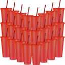 Amyhill 24 Pcs Reusable Cups with Lids and Straws 24 oz Glitter Iced Coffee Tumbler Plastic Travel Mug Cup for Smoothie Juices Birthday Sleepover Party Supplies for Girls(Red)