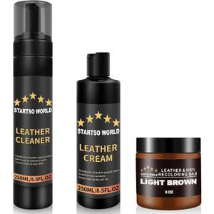 STARTSO WORLD Leather Restoration Kit | Includes Leather Recoloring Balm, Leather Cleaner, Protection Cream| Restores & Repairs (Light Brown)